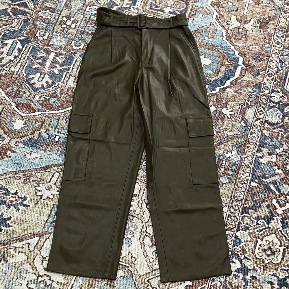NWT Mango Brown Faux Leather Belted Cargo Pants